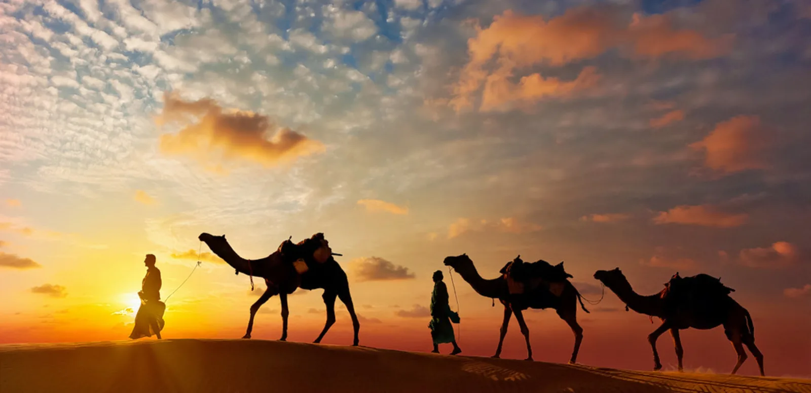 Silhouettes of two camel drivers leading camels across sand dunes at sunset under a cloudy sky