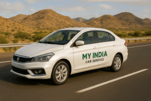 A comfortable SUV or sedan from My India Cab Service on a highway, with desert or Aravalli hills in the background.