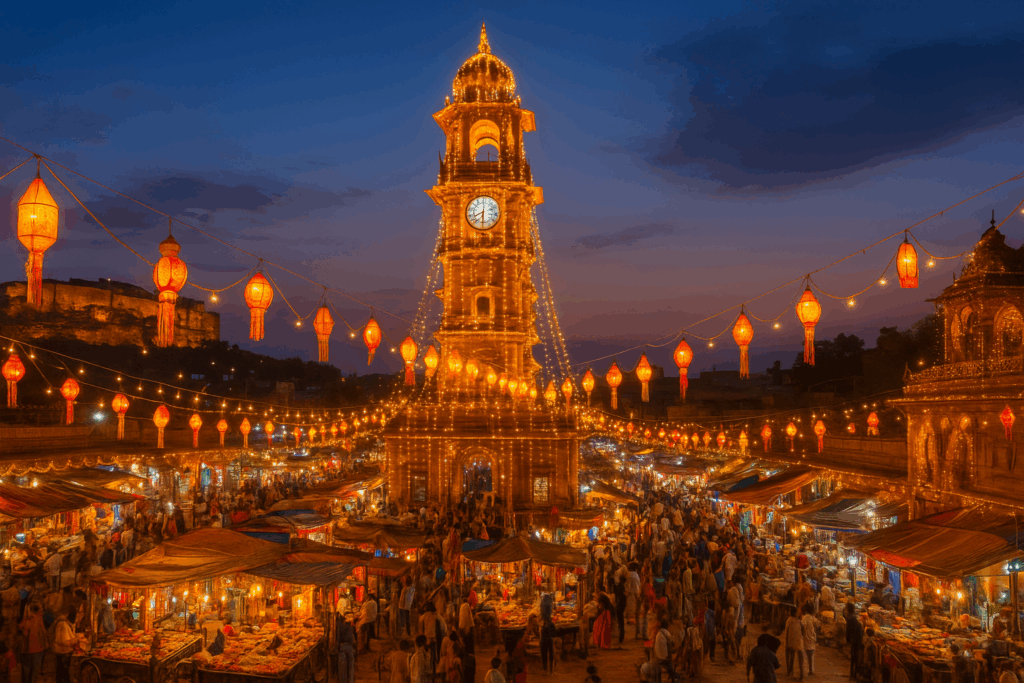 A vibrant photo of Jodhpur, perhaps the Clock Tower market decorated with lights for Diwali