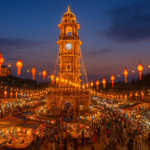 A vibrant photo of Jodhpur, perhaps the Clock Tower market decorated with lights for Diwali